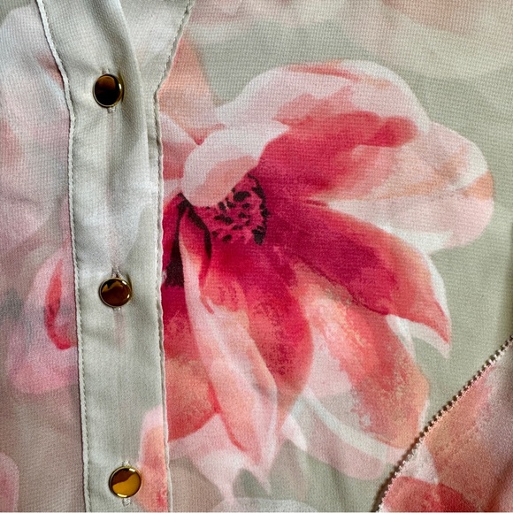Calvin Klein Floral Sheer Blouse Top Ruffle Split Bell Sleeves | Size L | NWOT - Picture 2 of 12